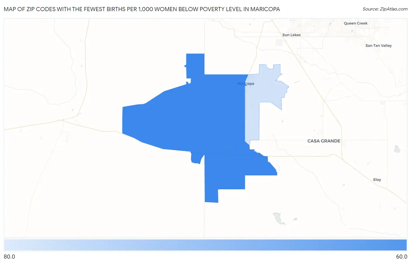 Zip Codes with the Fewest Births per 1,000 Women Below Poverty Level in Maricopa Map