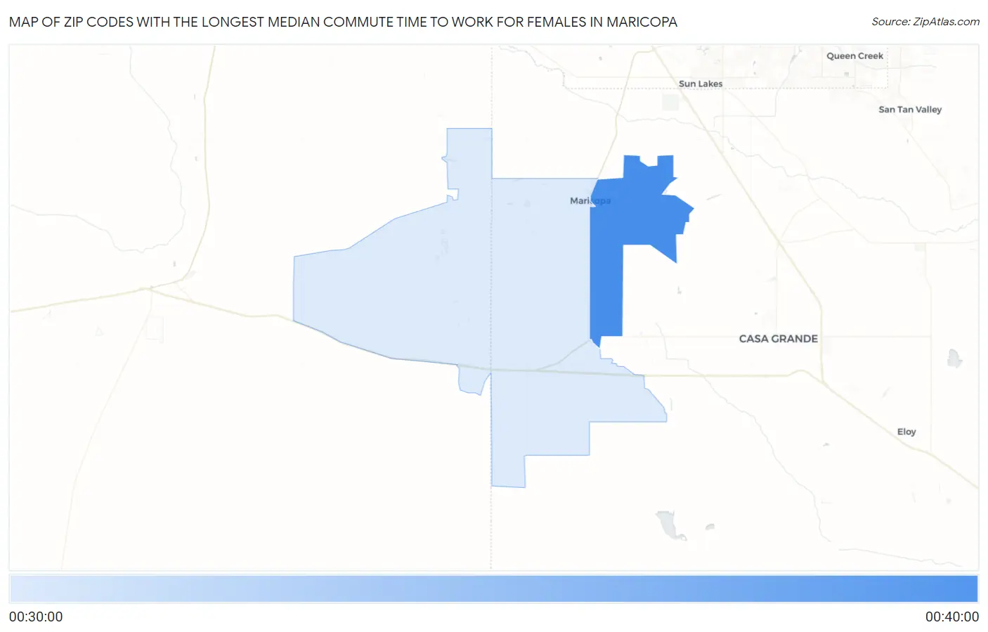 Zip Codes with the Longest Median Commute Time to Work for Females in Maricopa Map