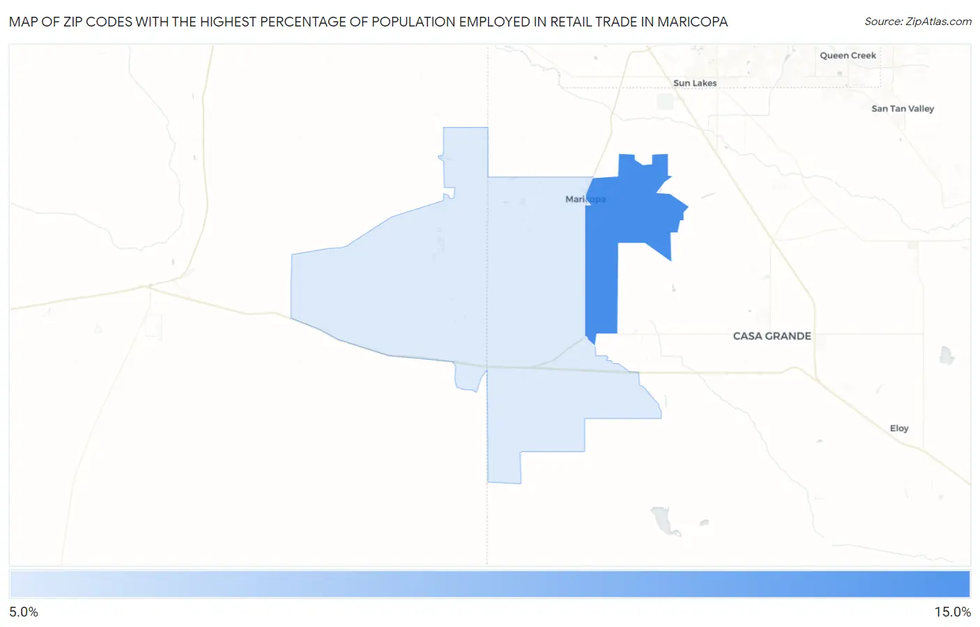Zip Codes with the Highest Percentage of Population Employed in Retail Trade in Maricopa Map