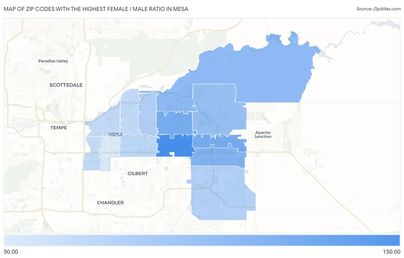 Zip Codes with the Highest Female / Male Ratio in Mesa Map