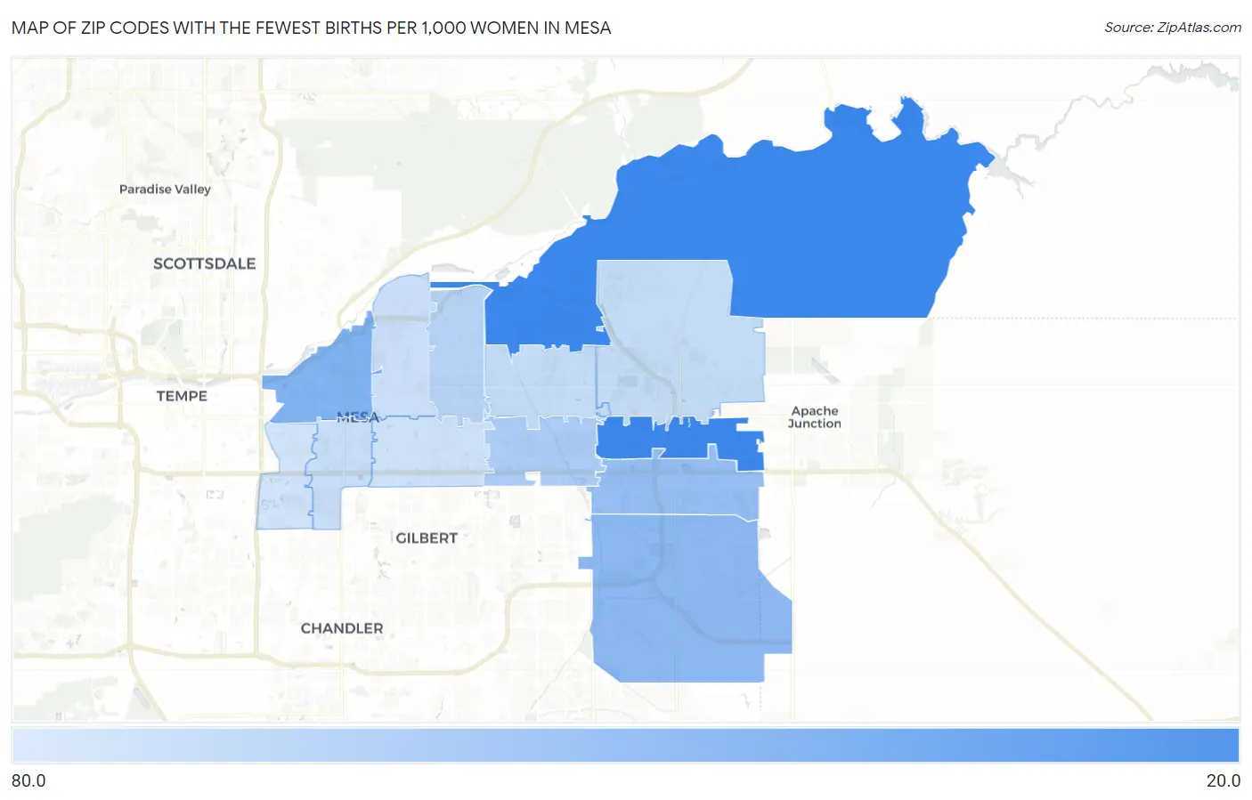 Zip Codes with the Fewest Births per 1,000 Women in Mesa Map