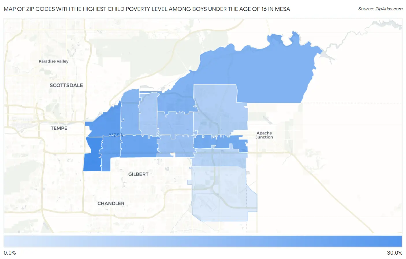 Zip Codes with the Highest Child Poverty Level Among Boys Under the Age of 16 in Mesa Map