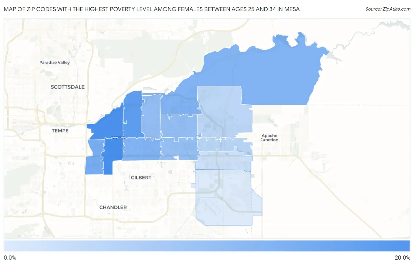 Zip Codes with the Highest Poverty Level Among Females Between Ages 25 and 34 in Mesa Map