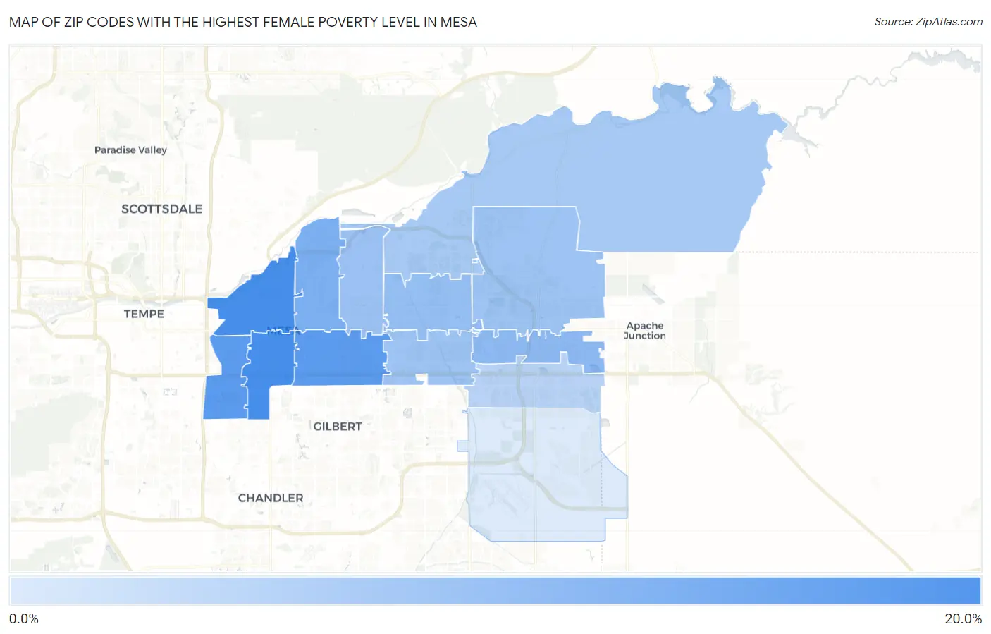 Zip Codes with the Highest Female Poverty Level in Mesa Map