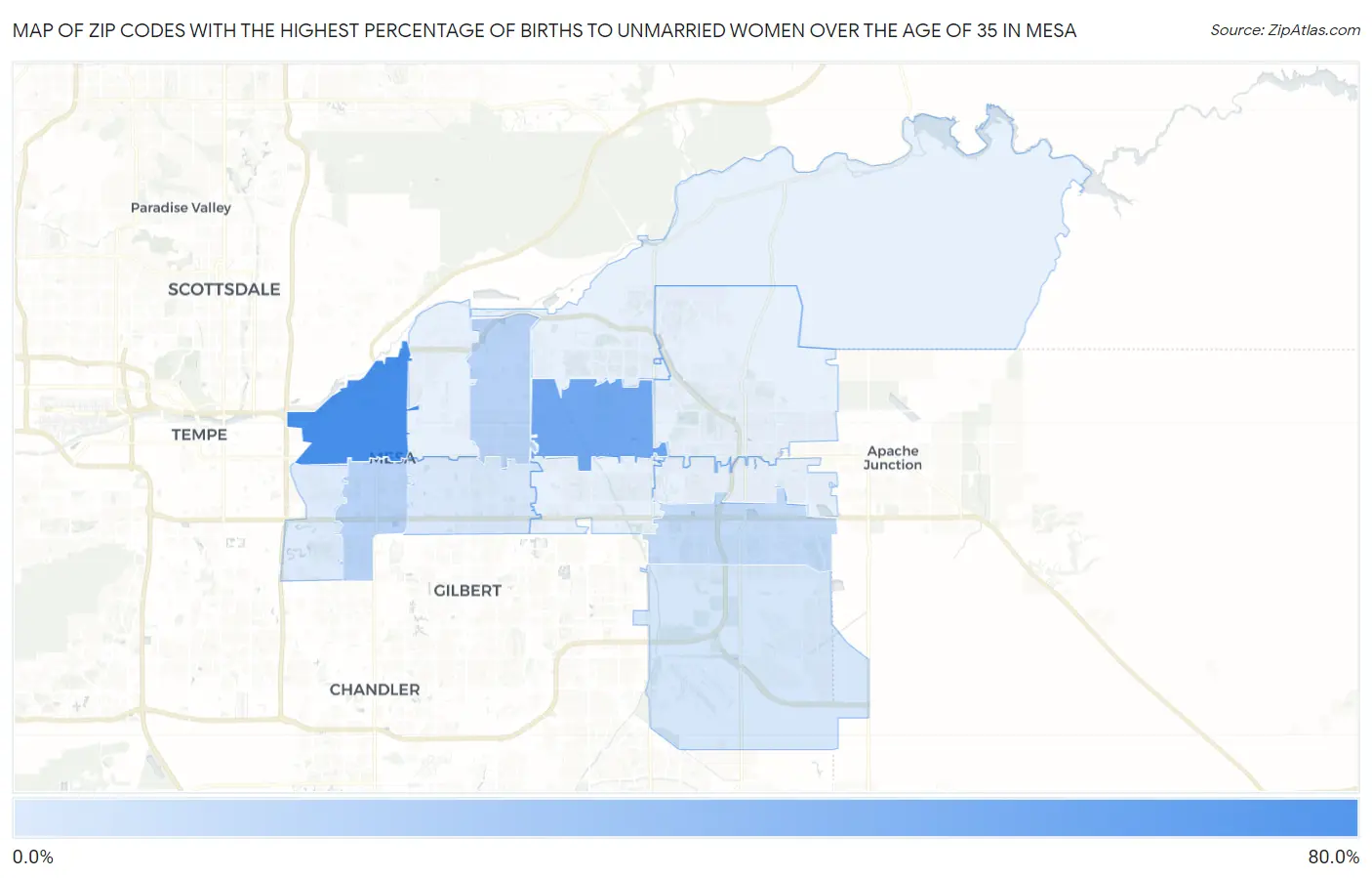 Zip Codes with the Highest Percentage of Births to Unmarried Women over the Age of 35 in Mesa Map