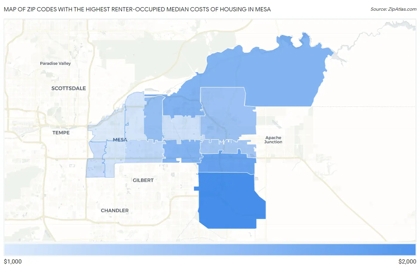 Zip Codes with the Highest Renter-Occupied Median Costs of Housing in Mesa Map