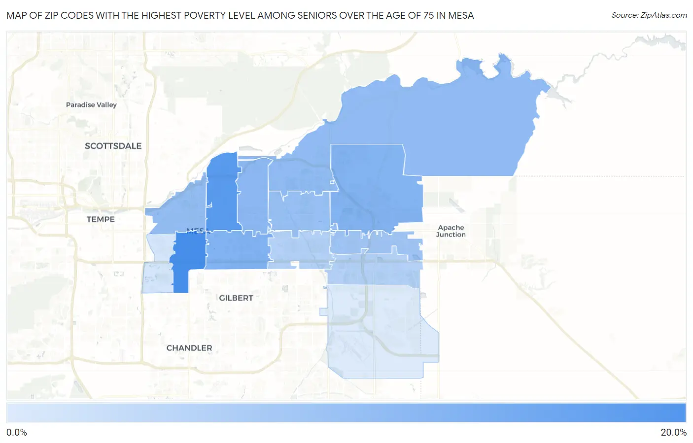 Zip Codes with the Highest Poverty Level Among Seniors Over the Age of 75 in Mesa Map