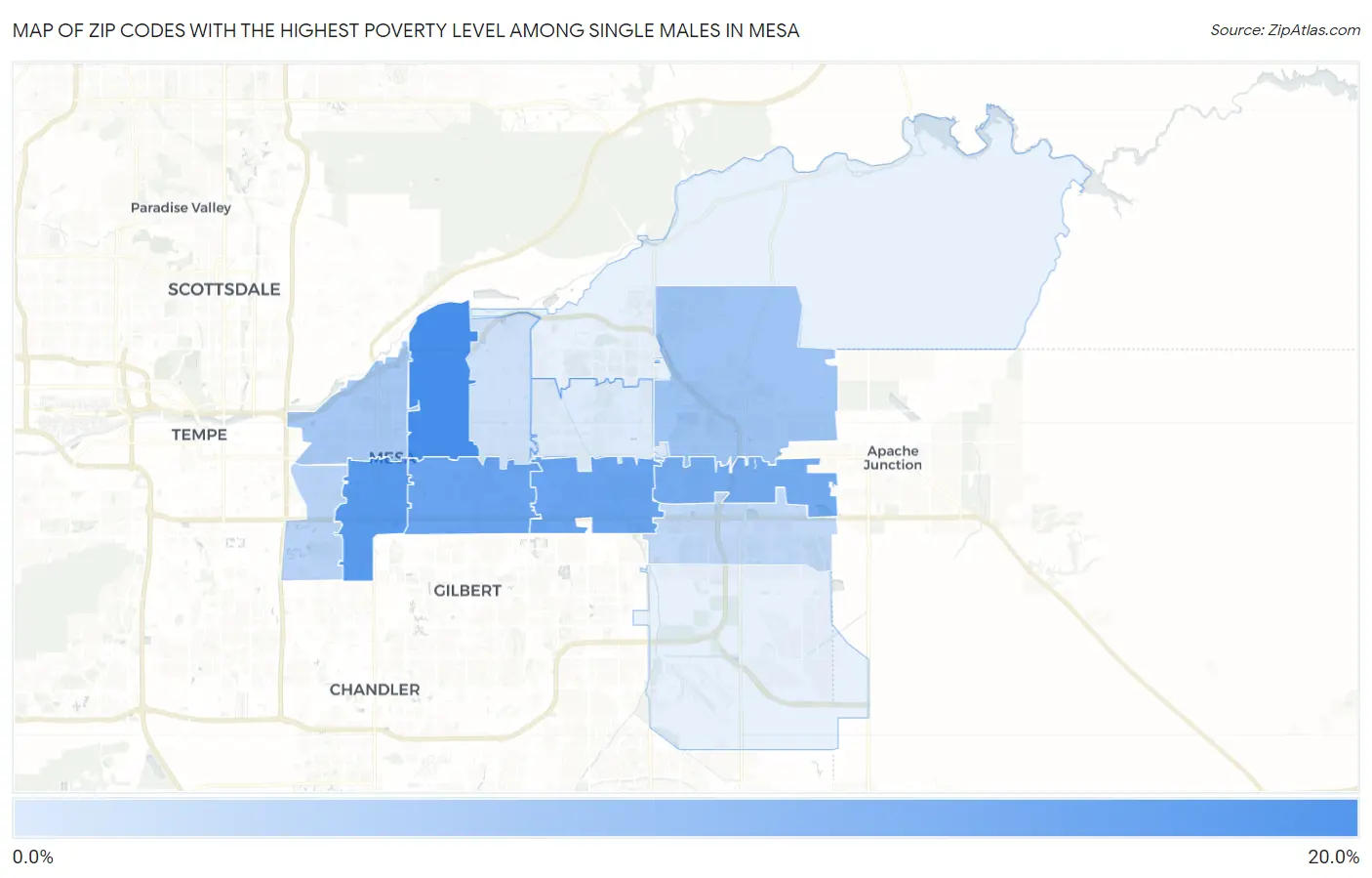 Zip Codes with the Highest Poverty Level Among Single Males in Mesa Map