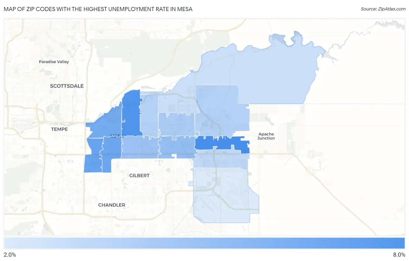 Zip Codes with the Highest Unemployment Rate in Mesa Map