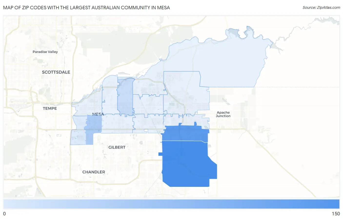 Zip Codes with the Largest Australian Community in Mesa Map