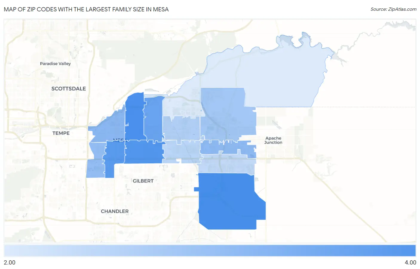 Zip Codes with the Largest Family Size in Mesa Map