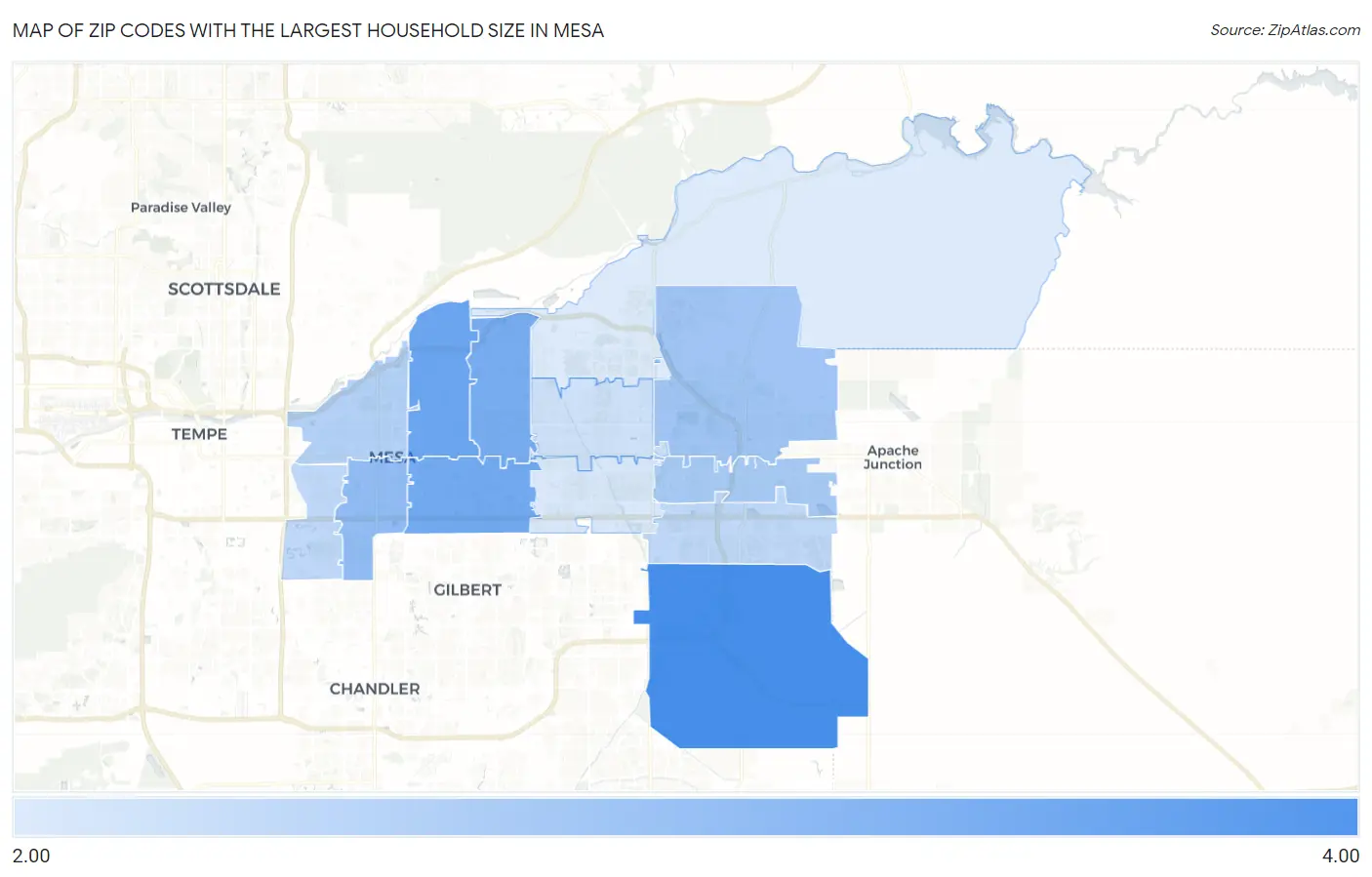 Zip Codes with the Largest Household Size in Mesa Map