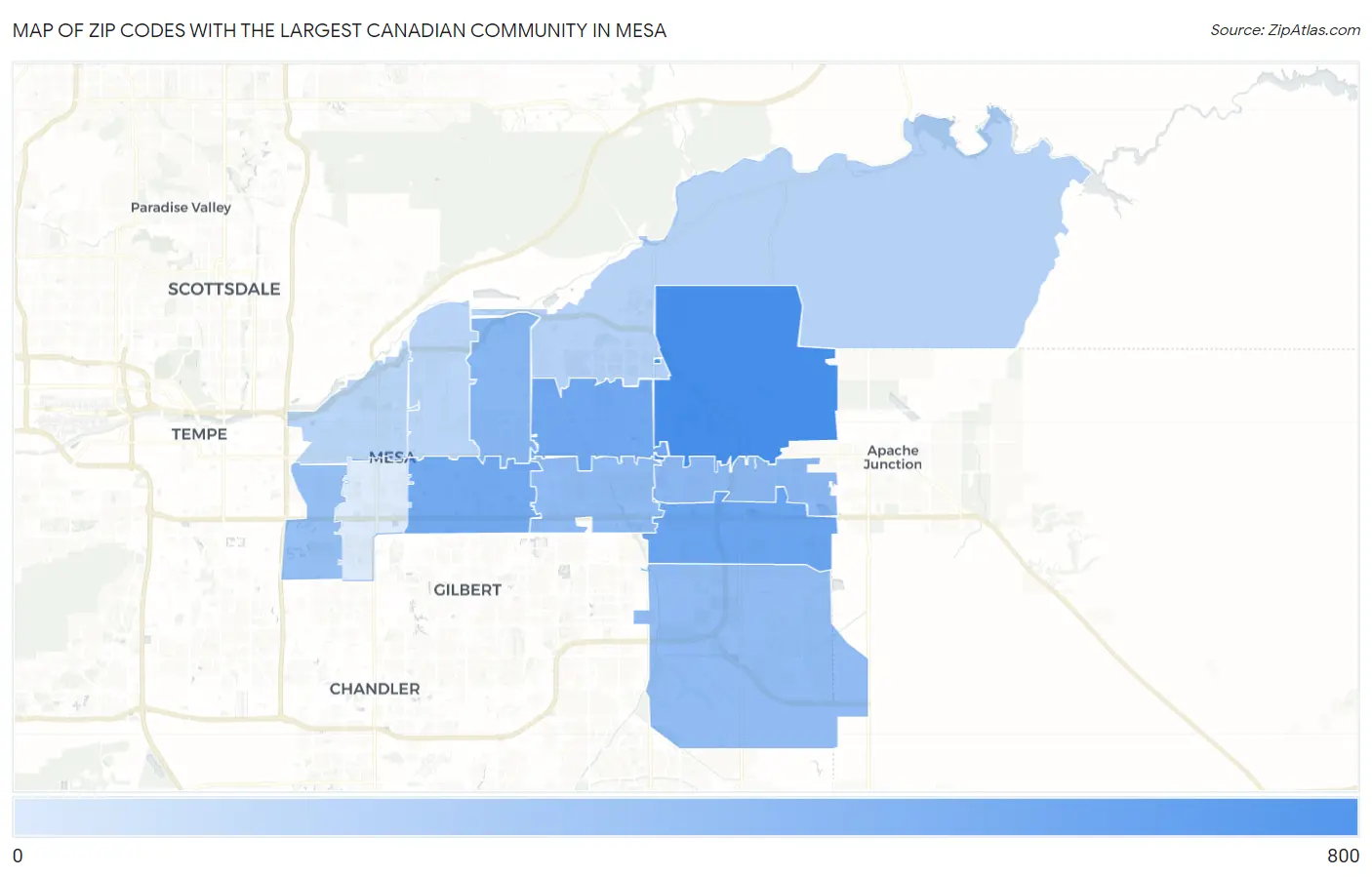 Zip Codes with the Largest Canadian Community in Mesa Map