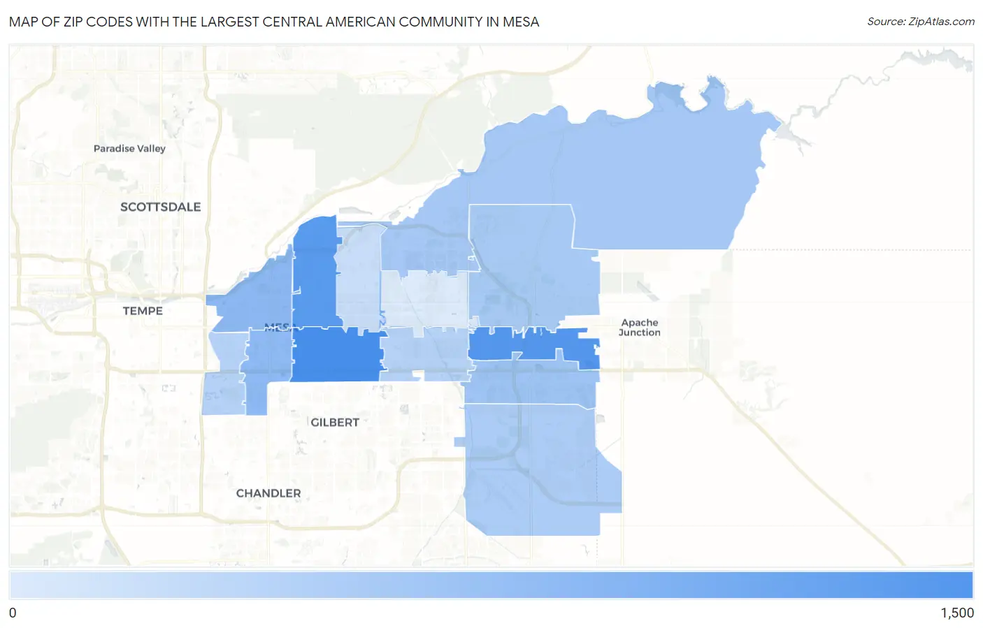 Zip Codes with the Largest Central American Community in Mesa Map