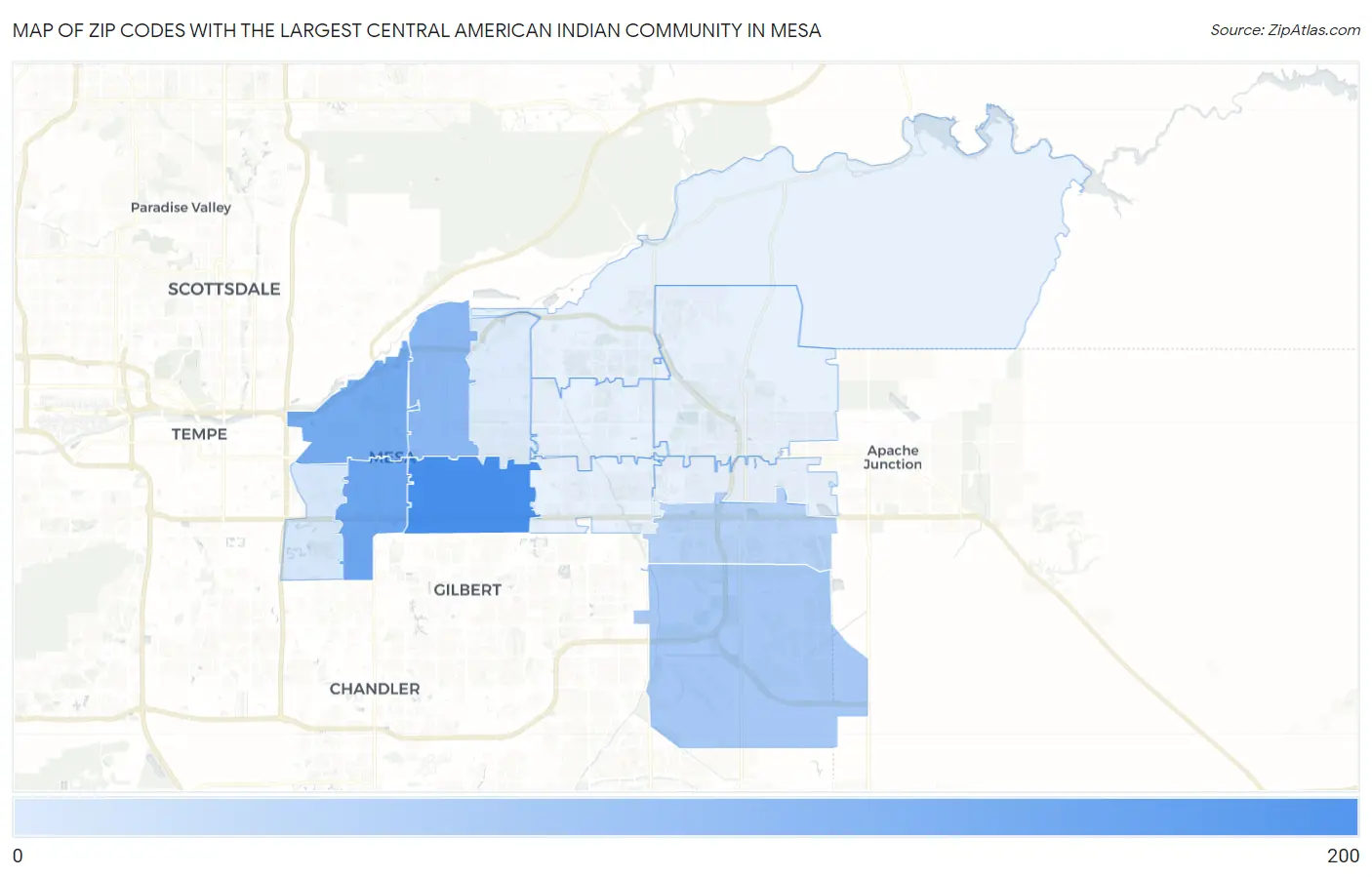 Zip Codes with the Largest Central American Indian Community in Mesa Map