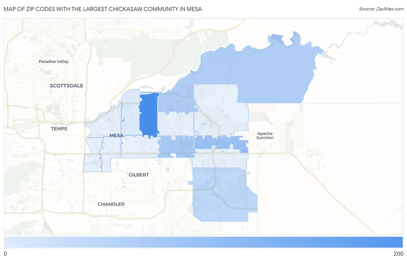 Zip Codes with the Largest Chickasaw Community in Mesa Map