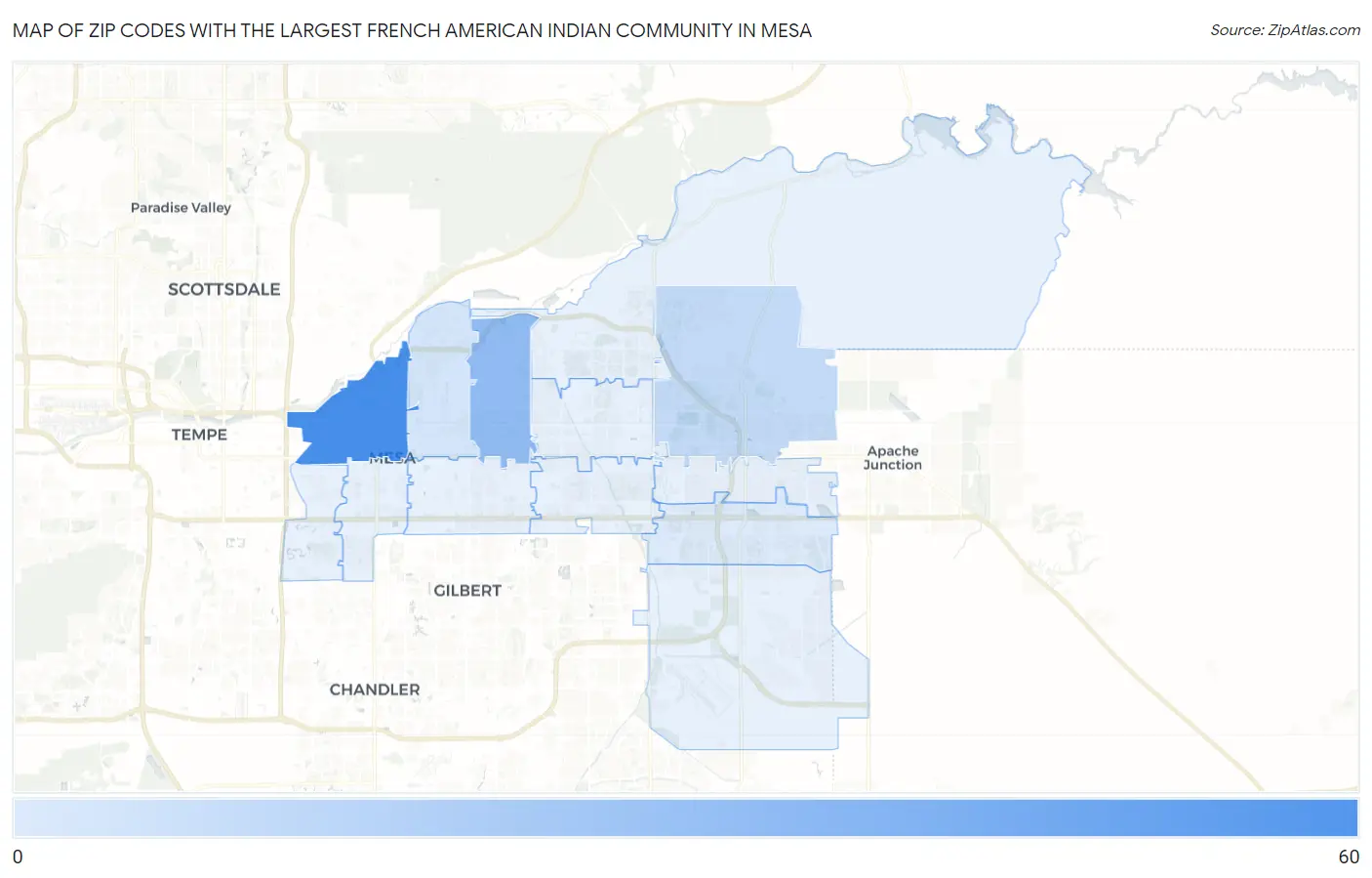 Zip Codes with the Largest French American Indian Community in Mesa Map