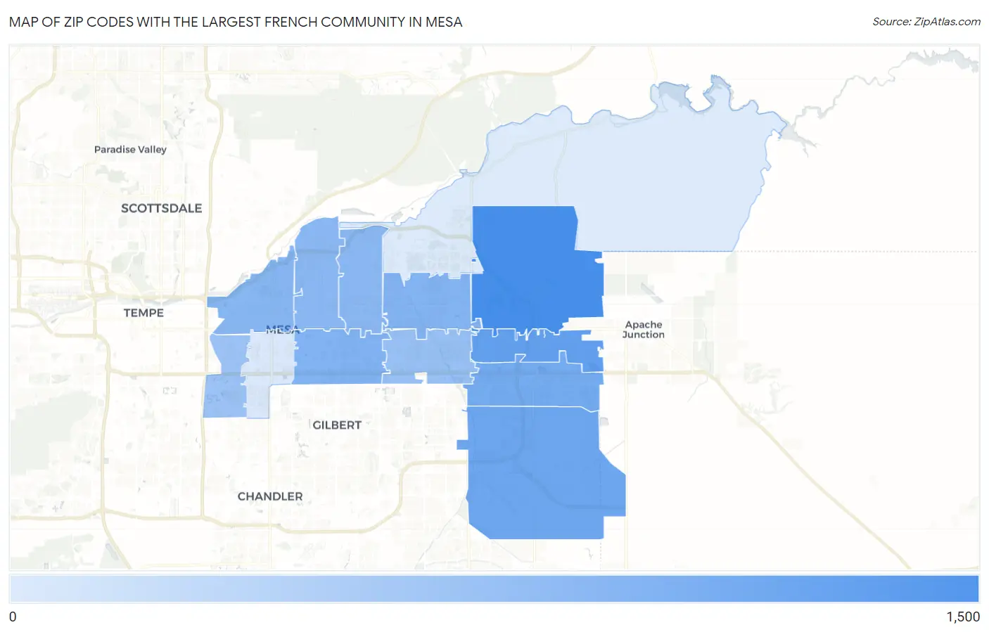 Zip Codes with the Largest French Community in Mesa Map