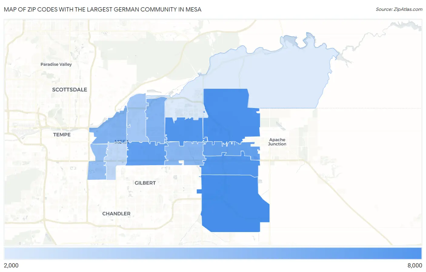 Zip Codes with the Largest German Community in Mesa Map