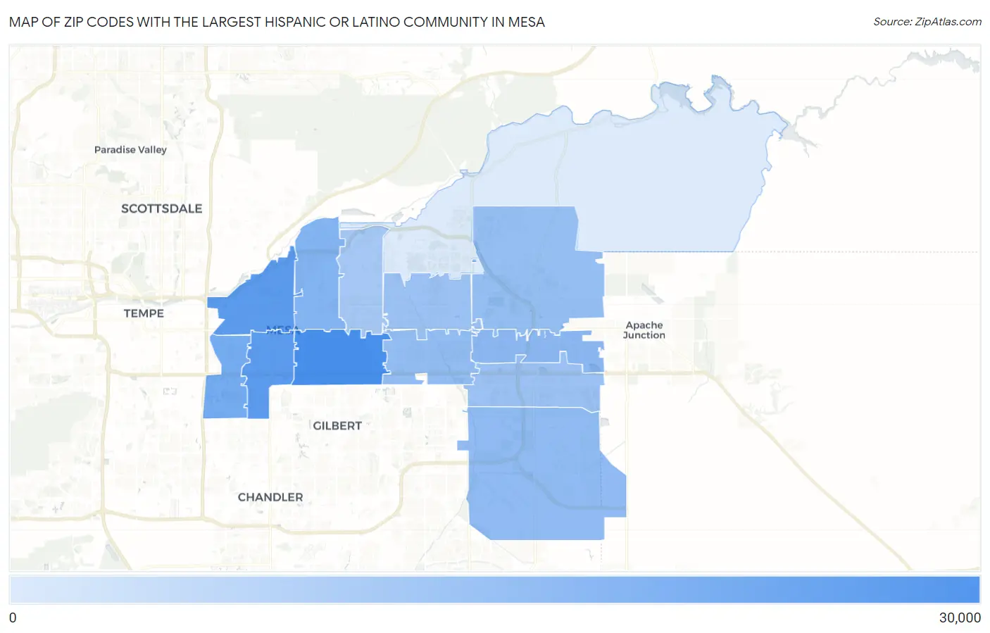 Zip Codes with the Largest Hispanic or Latino Community in Mesa Map