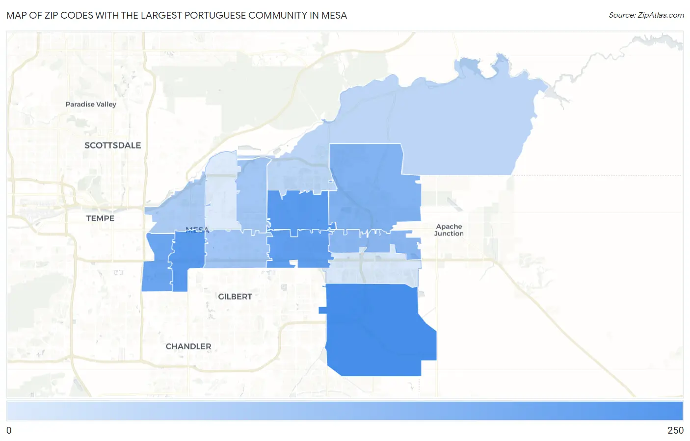 Zip Codes with the Largest Portuguese Community in Mesa Map