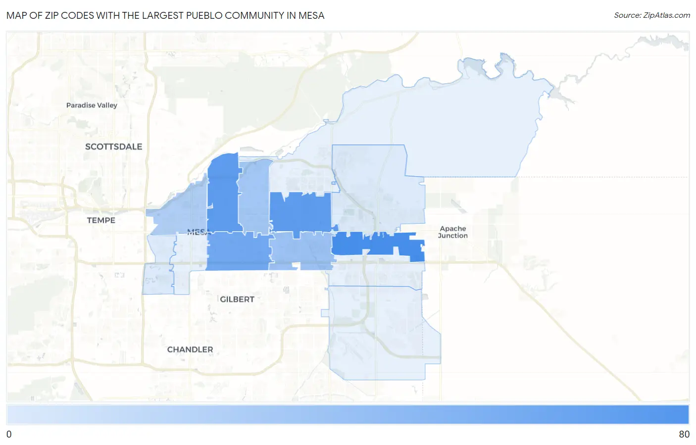 Zip Codes with the Largest Pueblo Community in Mesa Map