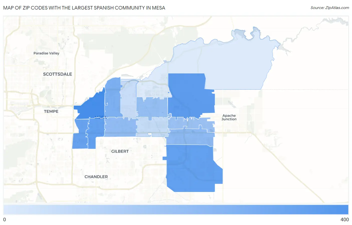 Zip Codes with the Largest Spanish Community in Mesa Map