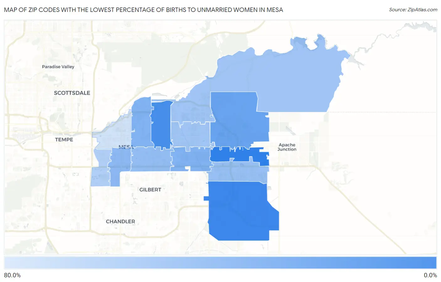 Zip Codes with the Lowest Percentage of Births to Unmarried Women in Mesa Map