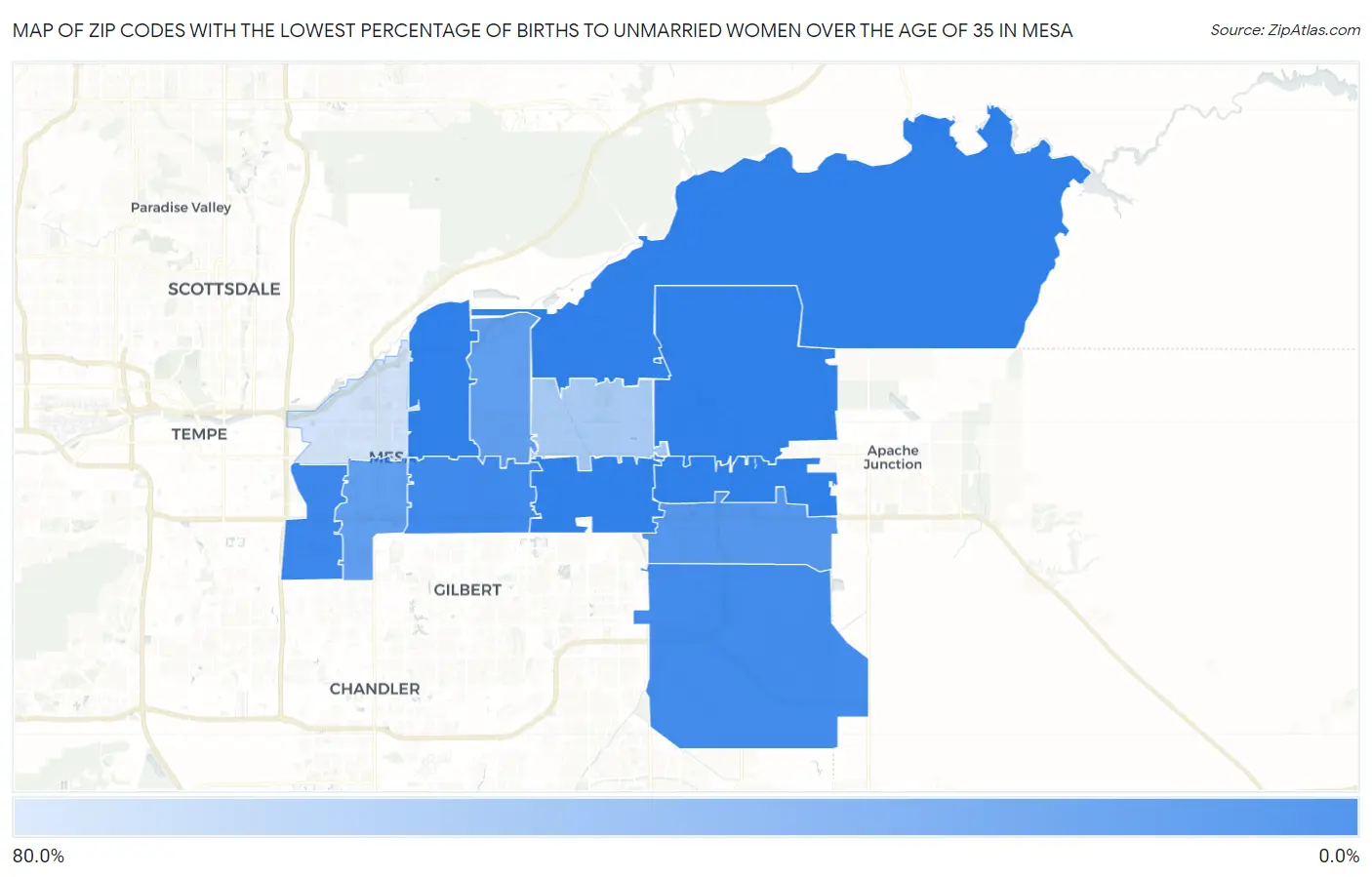 Zip Codes with the Lowest Percentage of Births to Unmarried Women over the Age of 35 in Mesa Map