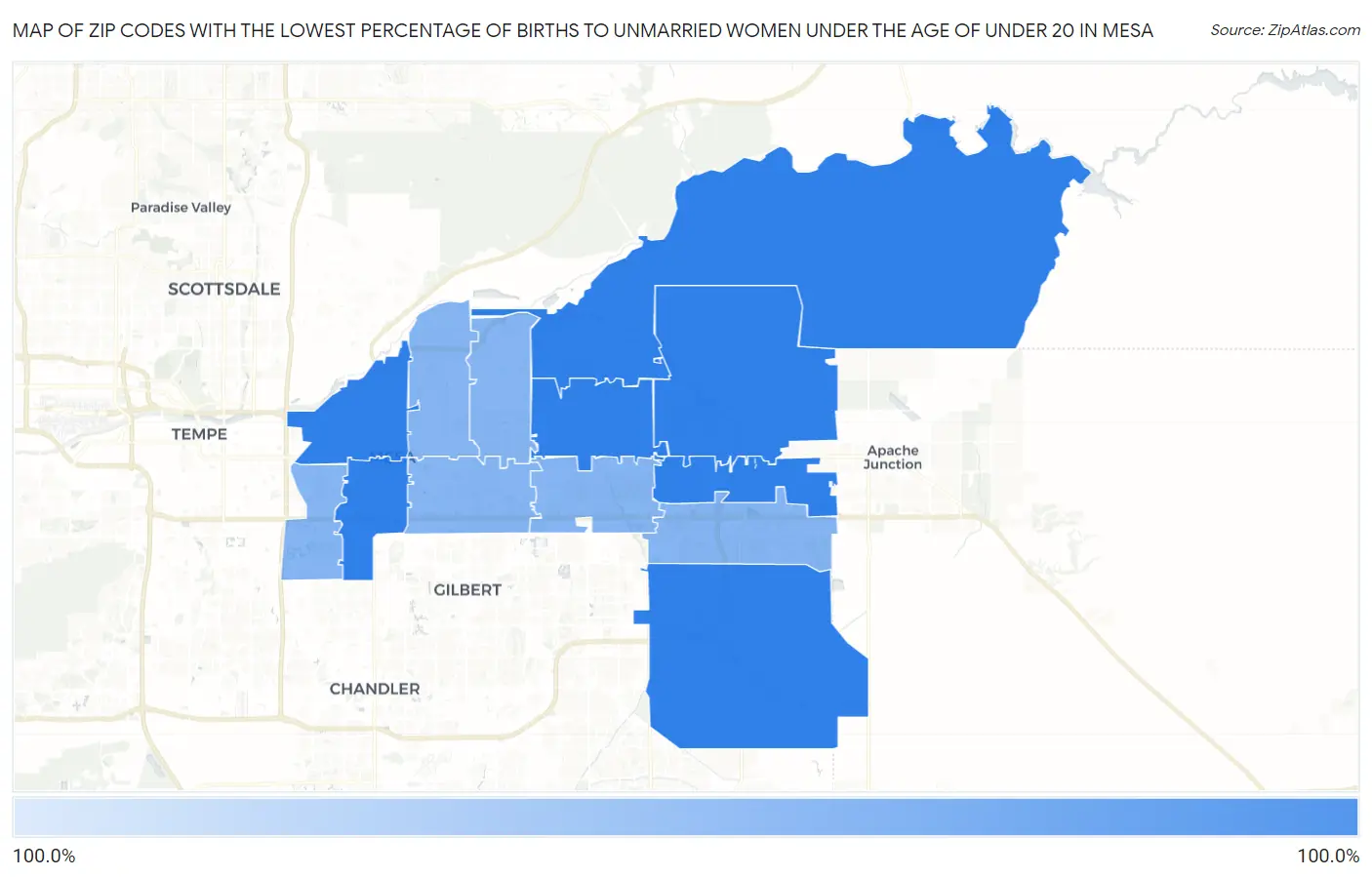 Zip Codes with the Lowest Percentage of Births to Unmarried Women under the Age of under 20 in Mesa Map