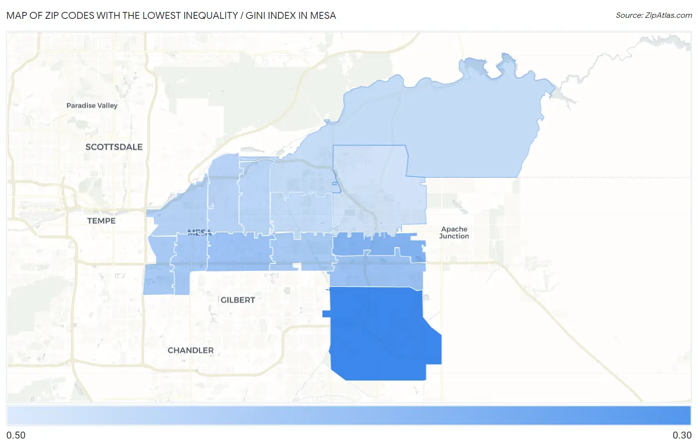 Zip Codes with the Lowest Inequality / Gini Index in Mesa Map