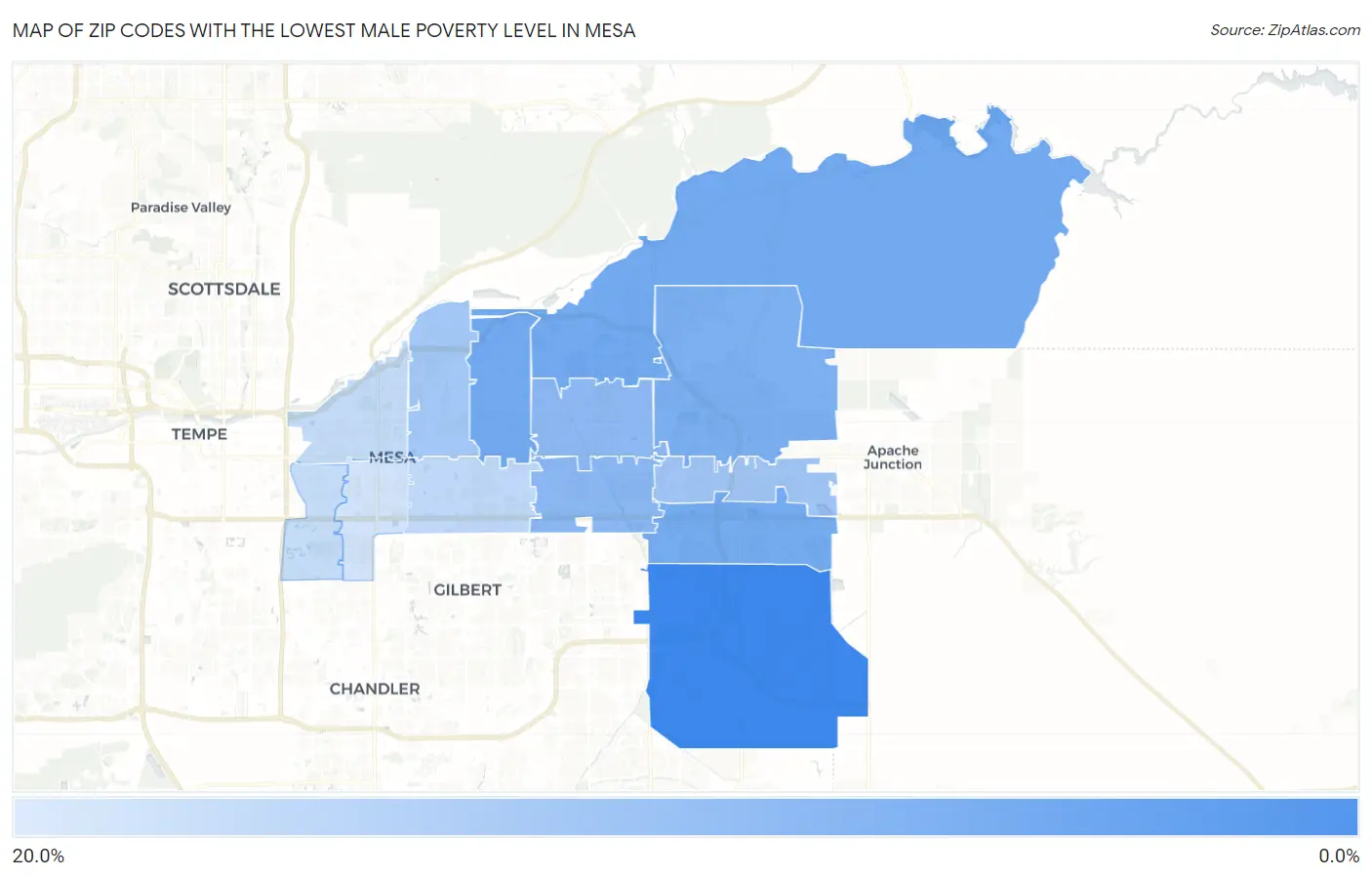 Zip Codes with the Lowest Male Poverty Level in Mesa Map