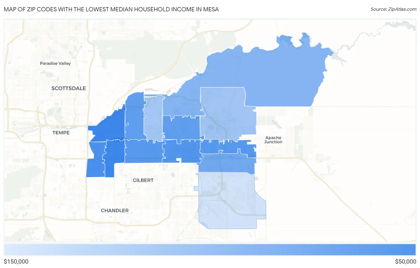 Zip Codes with the Lowest Median Household Income in Mesa Map