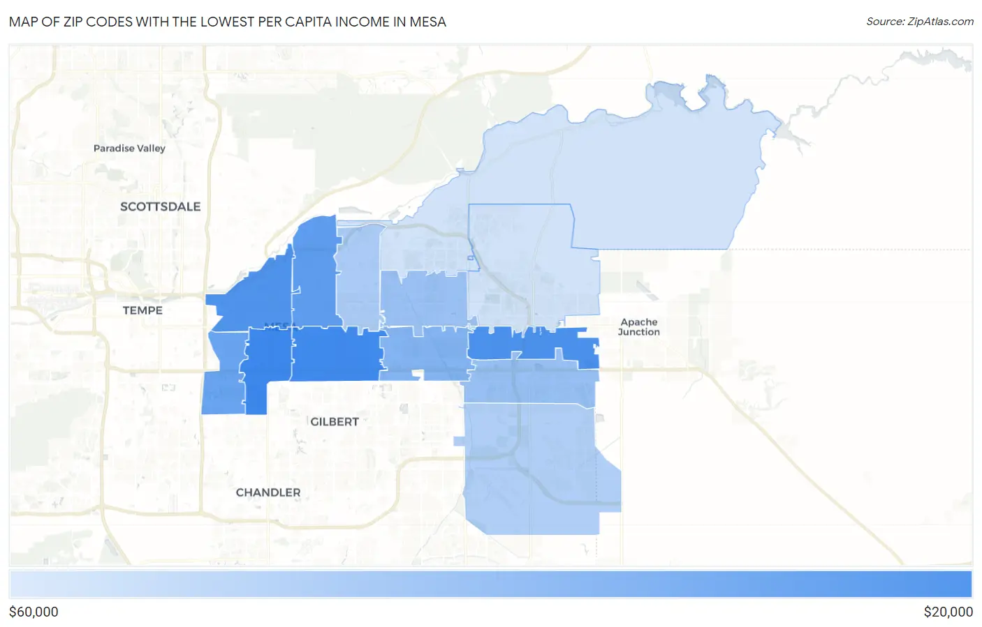 Zip Codes with the Lowest Per Capita Income in Mesa Map
