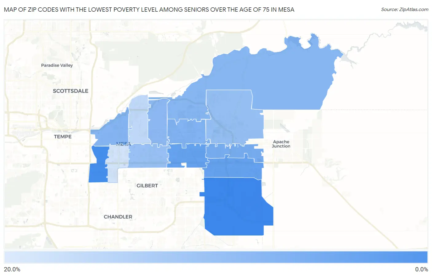 Zip Codes with the Lowest Poverty Level Among Seniors Over the Age of 75 in Mesa Map