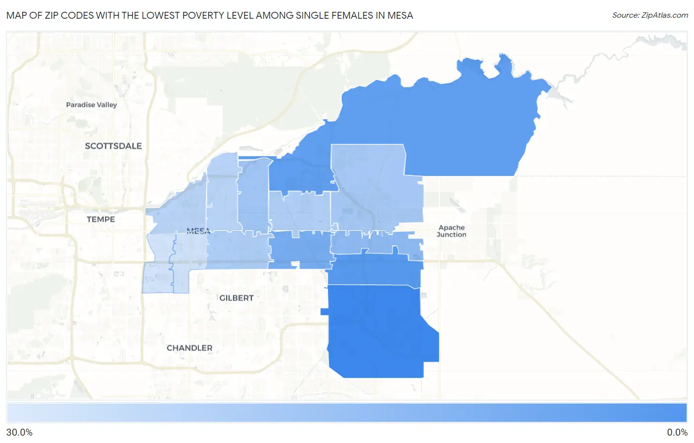 Zip Codes with the Lowest Poverty Level Among Single Females in Mesa Map