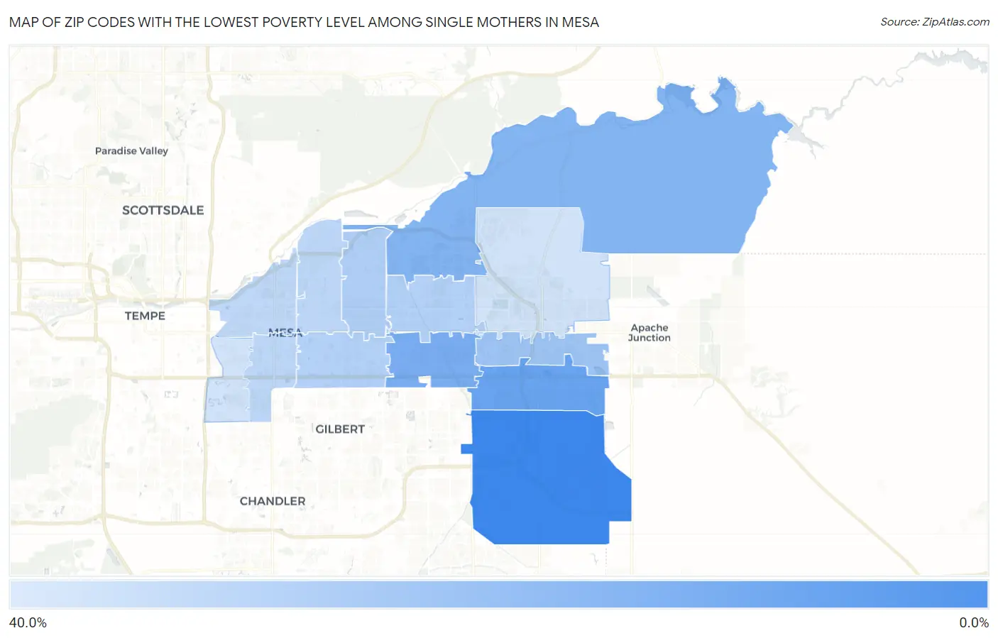 Zip Codes with the Lowest Poverty Level Among Single Mothers in Mesa Map