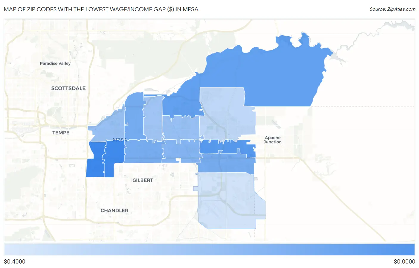Zip Codes with the Lowest Wage/Income Gap ($) in Mesa Map