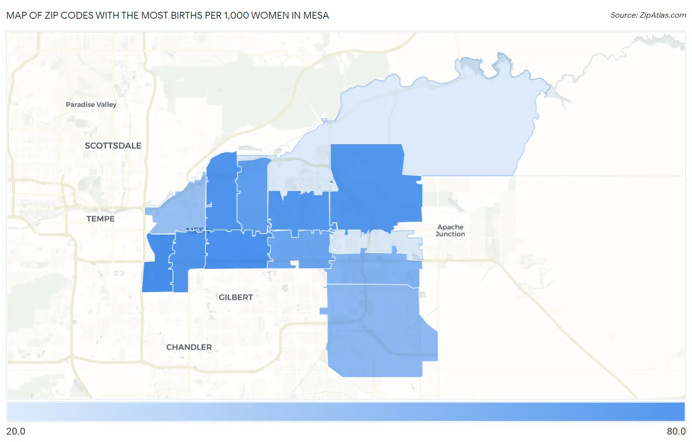 Zip Codes with the Most Births per 1,000 Women in Mesa Map