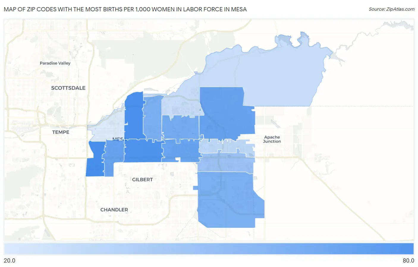 Zip Codes with the Most Births per 1,000 Women in Labor Force in Mesa Map