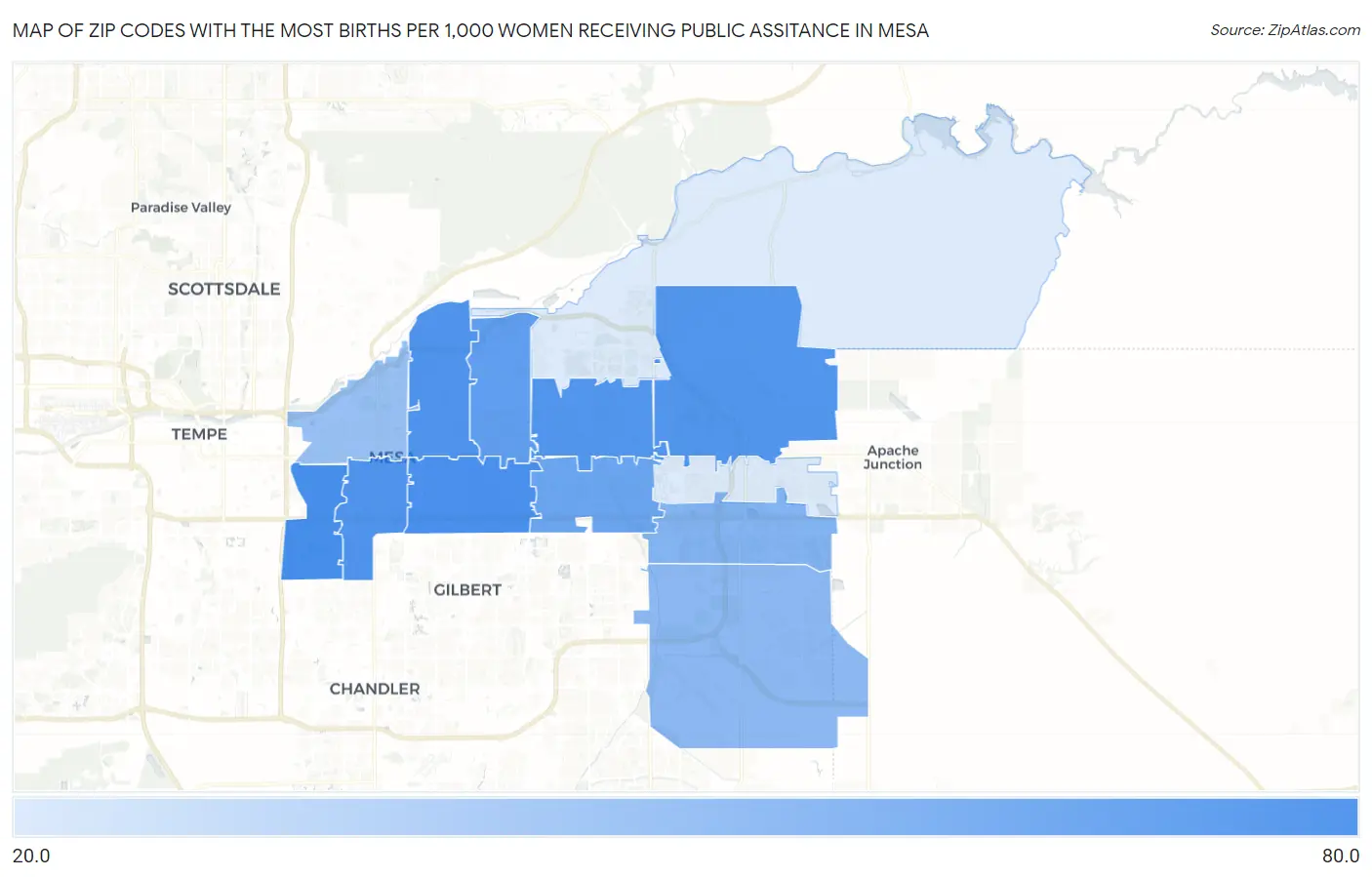 Zip Codes with the Most Births per 1,000 Women Receiving Public Assitance in Mesa Map