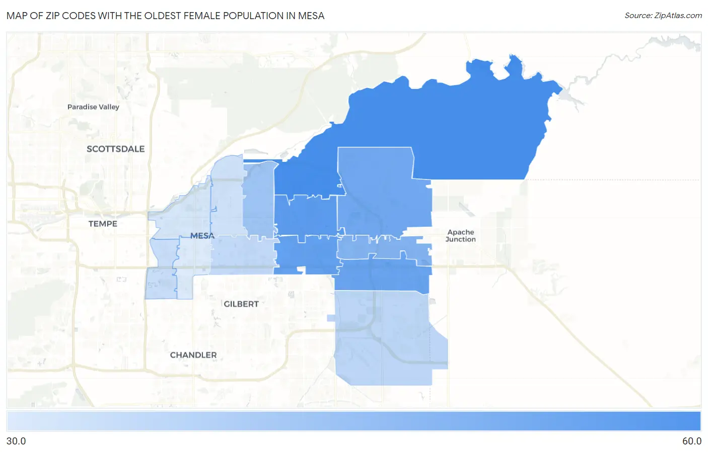 Zip Codes with the Oldest Female Population in Mesa Map