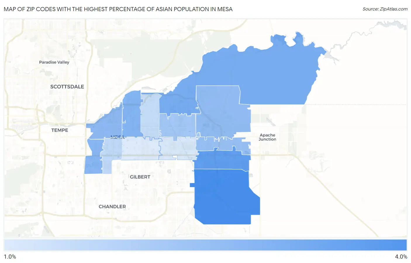 Zip Codes with the Highest Percentage of Asian Population in Mesa Map