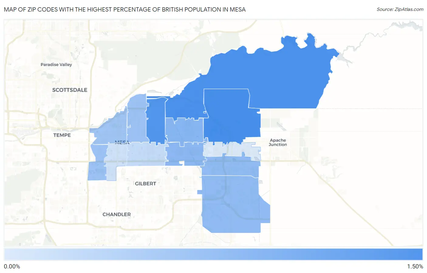 Zip Codes with the Highest Percentage of British Population in Mesa Map