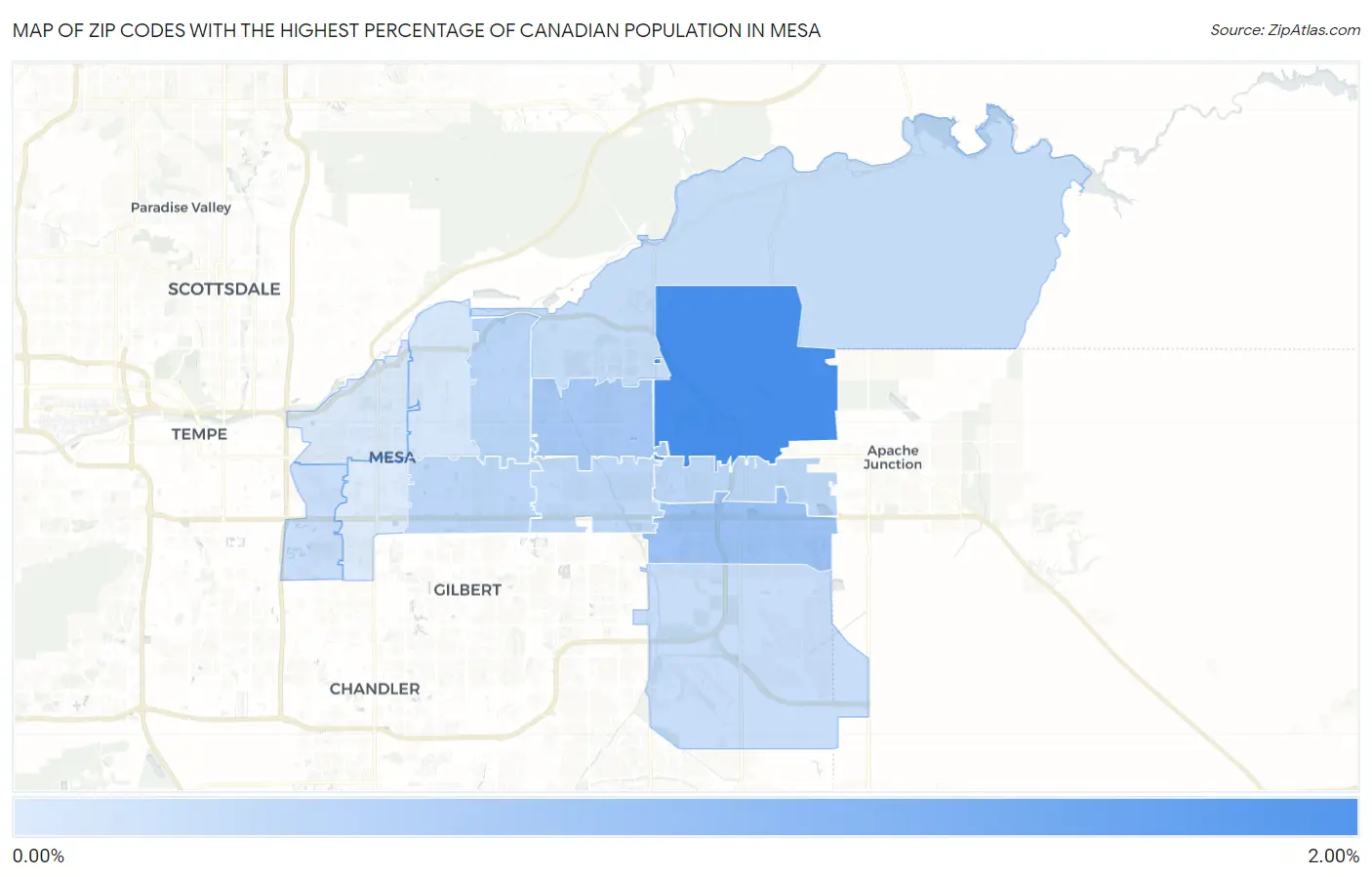 Zip Codes with the Highest Percentage of Canadian Population in Mesa Map
