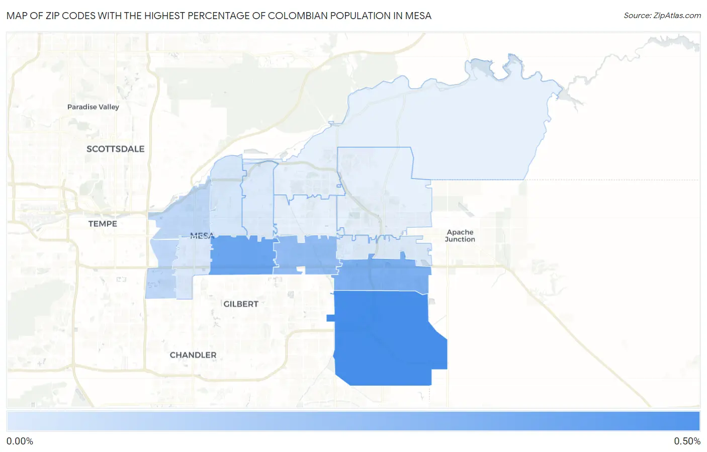 Zip Codes with the Highest Percentage of Colombian Population in Mesa Map