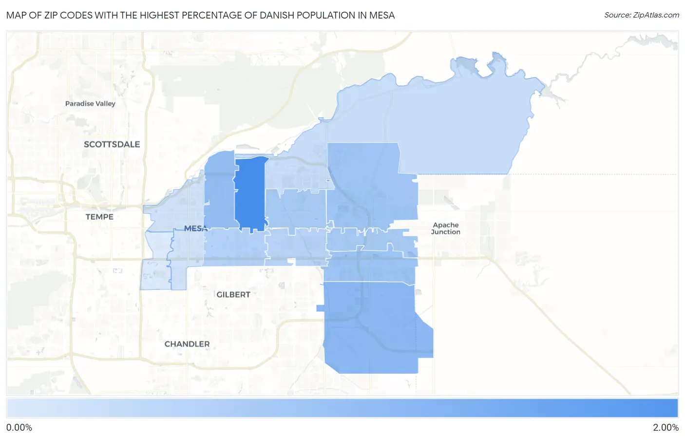 Zip Codes with the Highest Percentage of Danish Population in Mesa Map