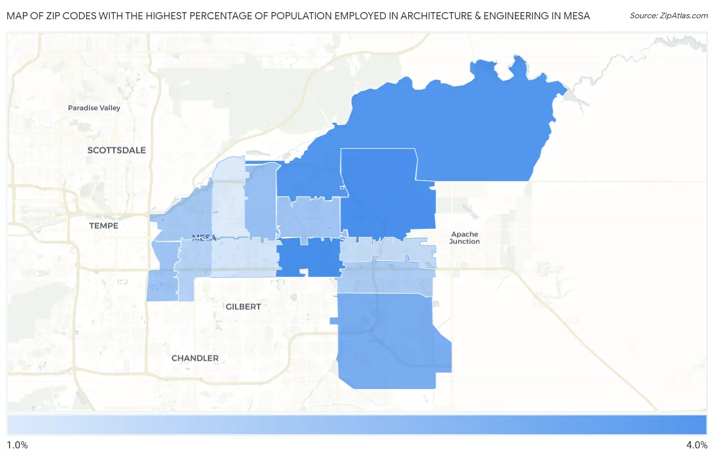 Zip Codes with the Highest Percentage of Population Employed in Architecture & Engineering in Mesa Map