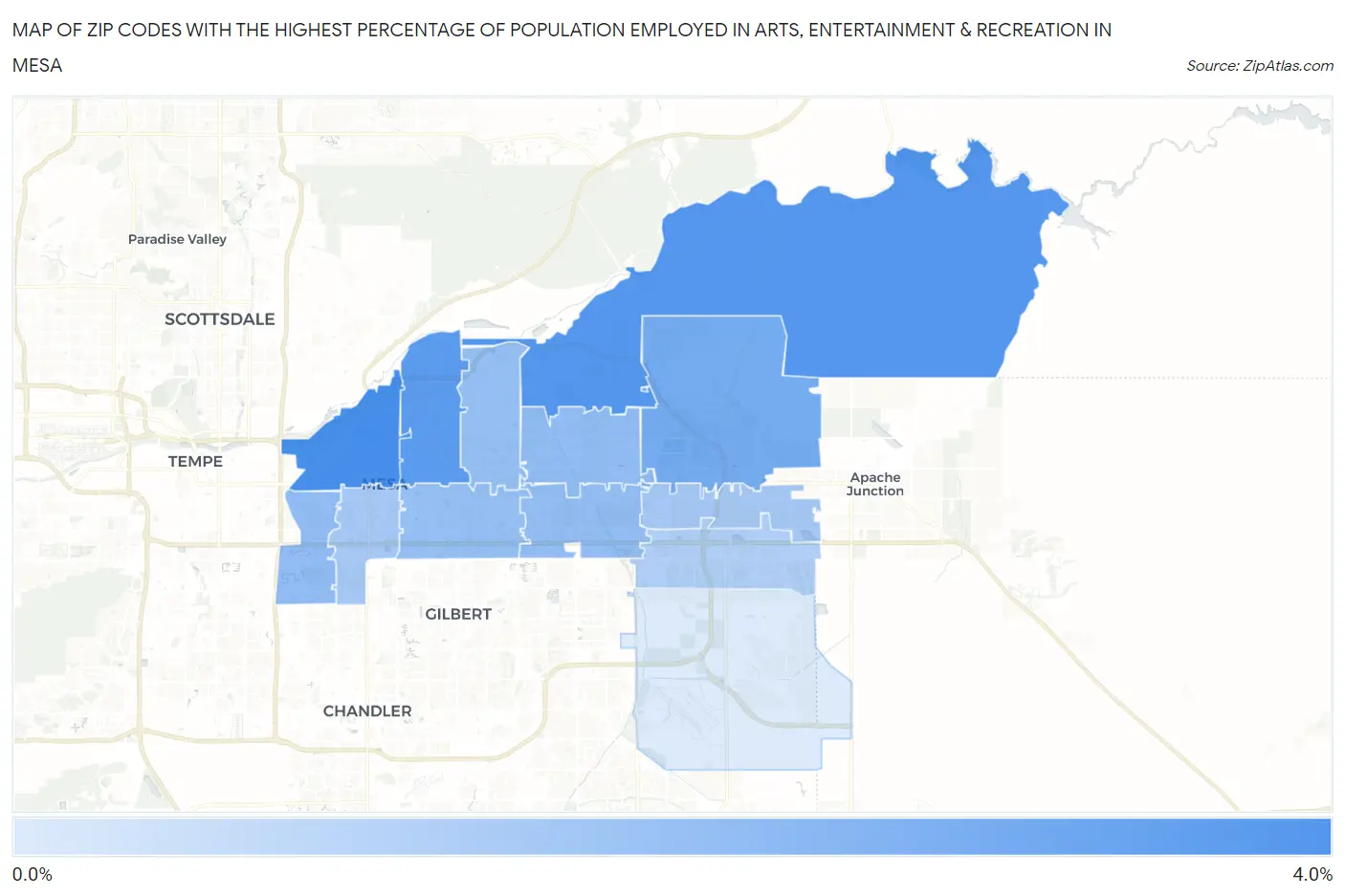 Zip Codes with the Highest Percentage of Population Employed in Arts, Entertainment & Recreation in Mesa Map