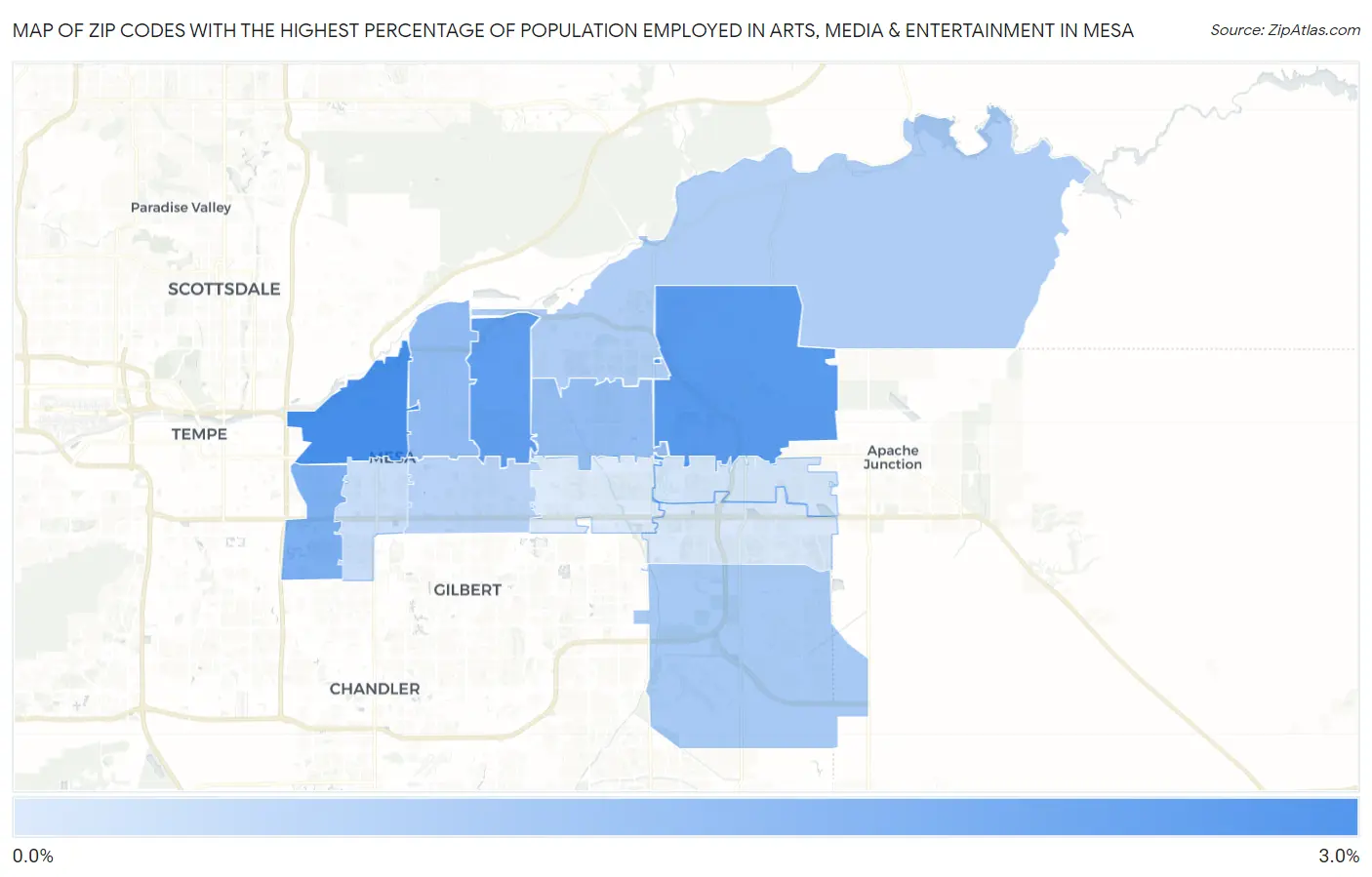 Zip Codes with the Highest Percentage of Population Employed in Arts, Media & Entertainment in Mesa Map